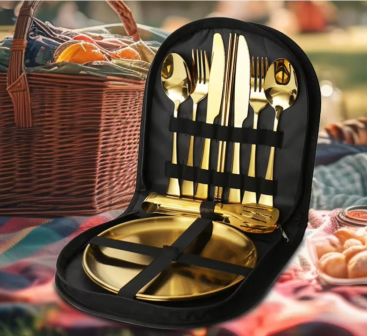 Stainless Steel Gold Dinnerware Sets Outdoor Camping Travel Knife Fork Spoon Portable Black Cutlery Organizer