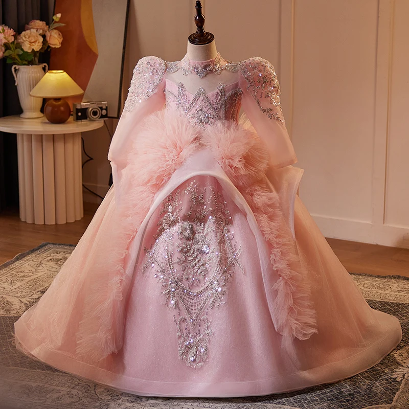 

Свадебное платье с цветочным узором для девочек, детское платье принцессы на день рождения для ведущего выступления на фортепиано, праздничное торжественное платье, платья