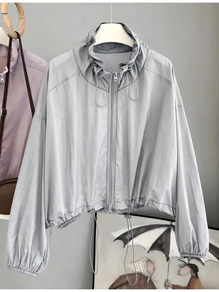 

Women's Fashionable Slimming Summer 2026 Stand Collar Drawstring Waist Sun Protection Coat Long Sleeve Short Length Zipper