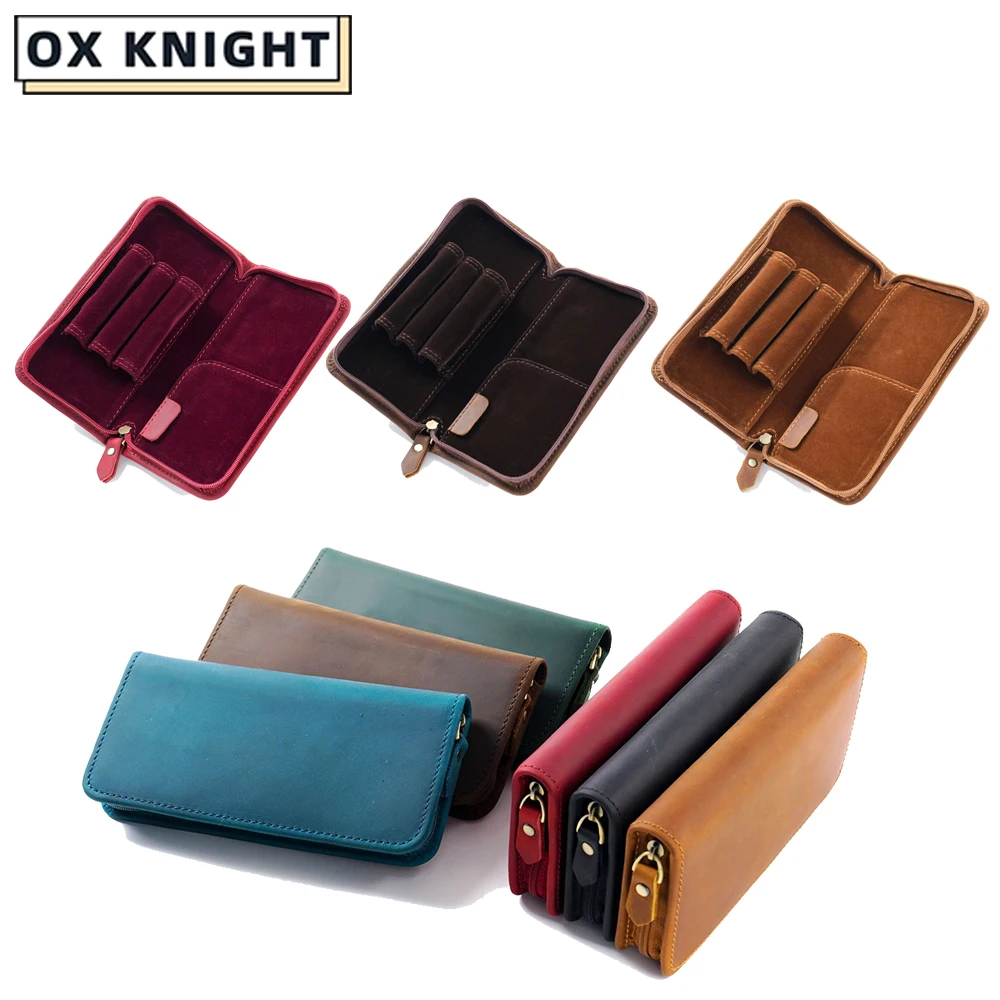 

Head layer cowhide pen bag, retro crazy horse leather square zipper pen bag, student office stationery supplies Stationery Bag