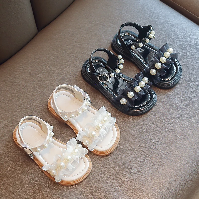 Summer new little girl sweet pearl princess shoes Korean version of fashion temperament baby lace edge sandals girls' shoes