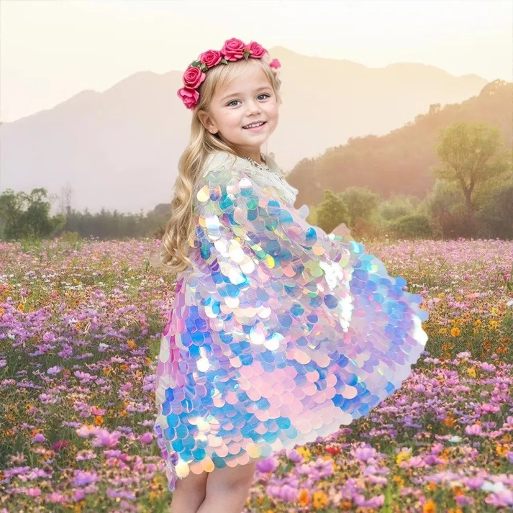 Cute Birthday Party Dress Up Mermaid Sequin Cape Dress Prop Gift Princess Role Play Cape Sequined Clothes Children