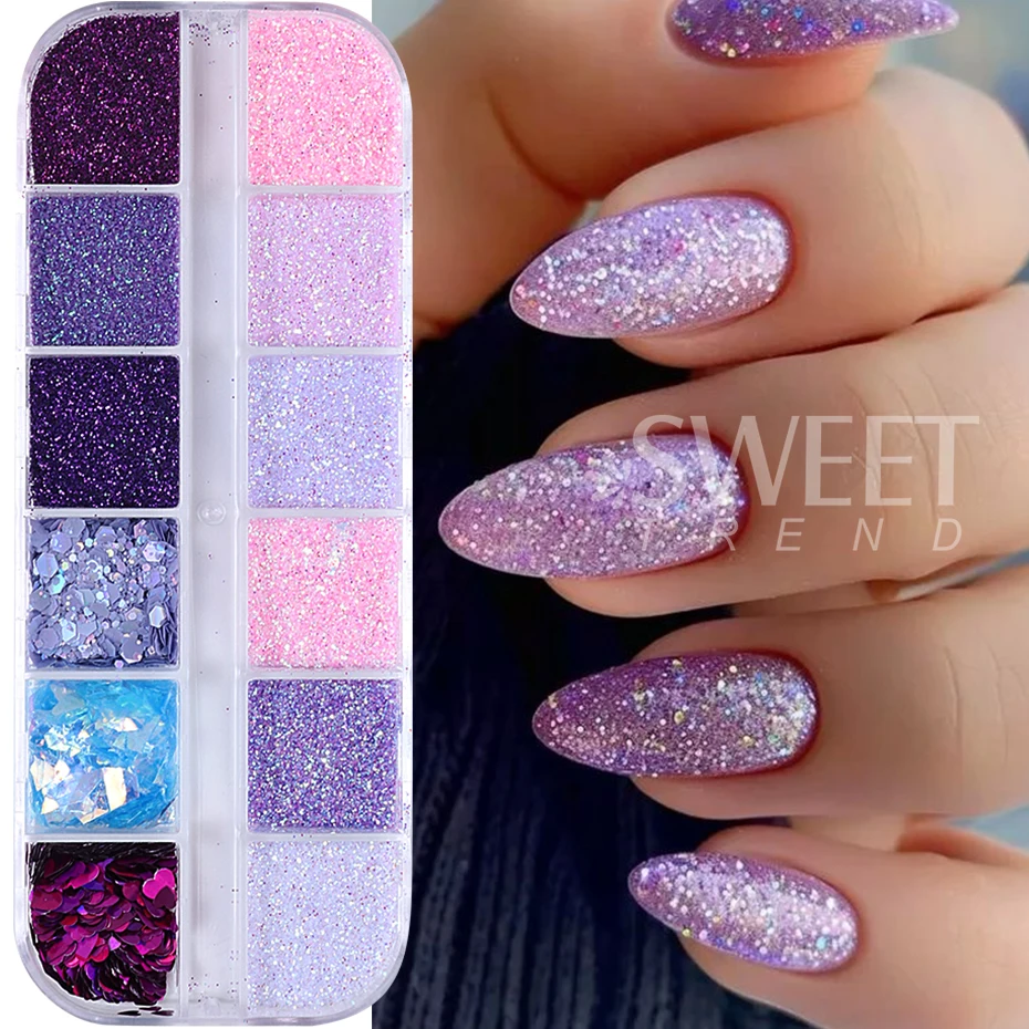 12 griglie serie viola glitter per unghie olografico zucchero scintillante polvere per unghie cuore misto scaglie esagonali decorazione manicure lucida
