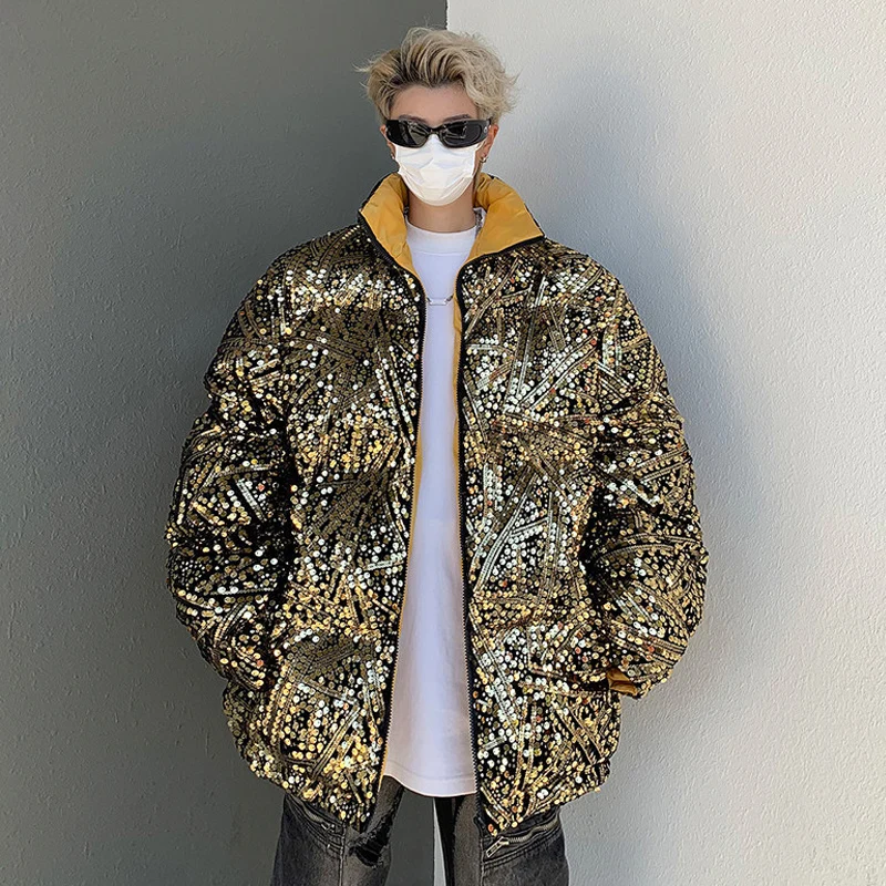 Large Size Sequins Men Winter Padding Jacket Luxury Shiny Sequined Stand Collar Warm Men's Parkas New Fashion Korean Mens Coats