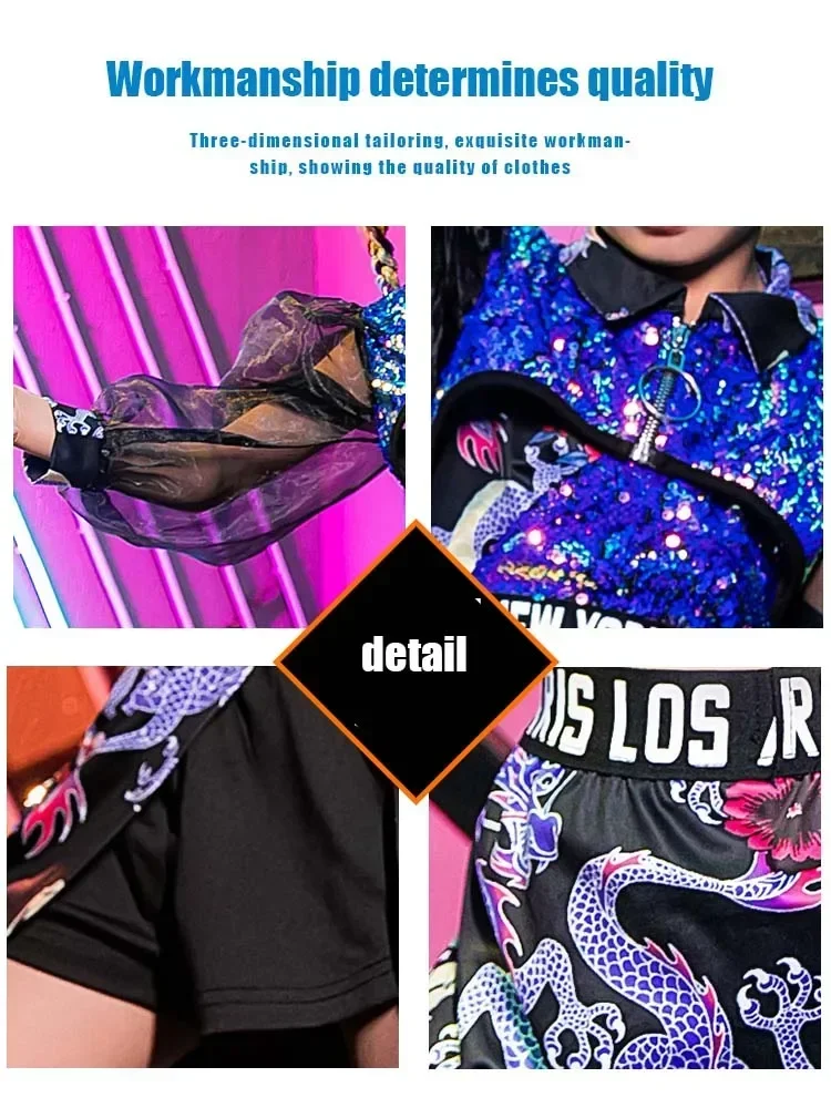 

ZZL Urban Dance Girl Clothes K-pop Stage Outfits for Children Purple Black Sequin Dress Jazz Dance Hip-hop Runway Show Costume