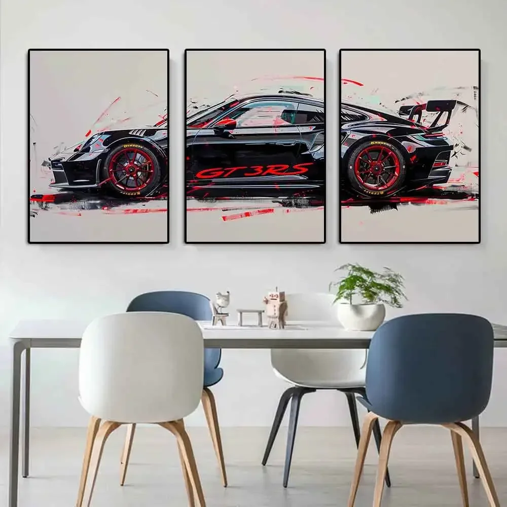 سيارة رياضية فائقة شعبية عصرية GT3 RS جرافيتي جدار الفن، ملصق مطبوع قماش عالي الدقة، المنزل، غرفة المعيشة، ديكور الغرفة