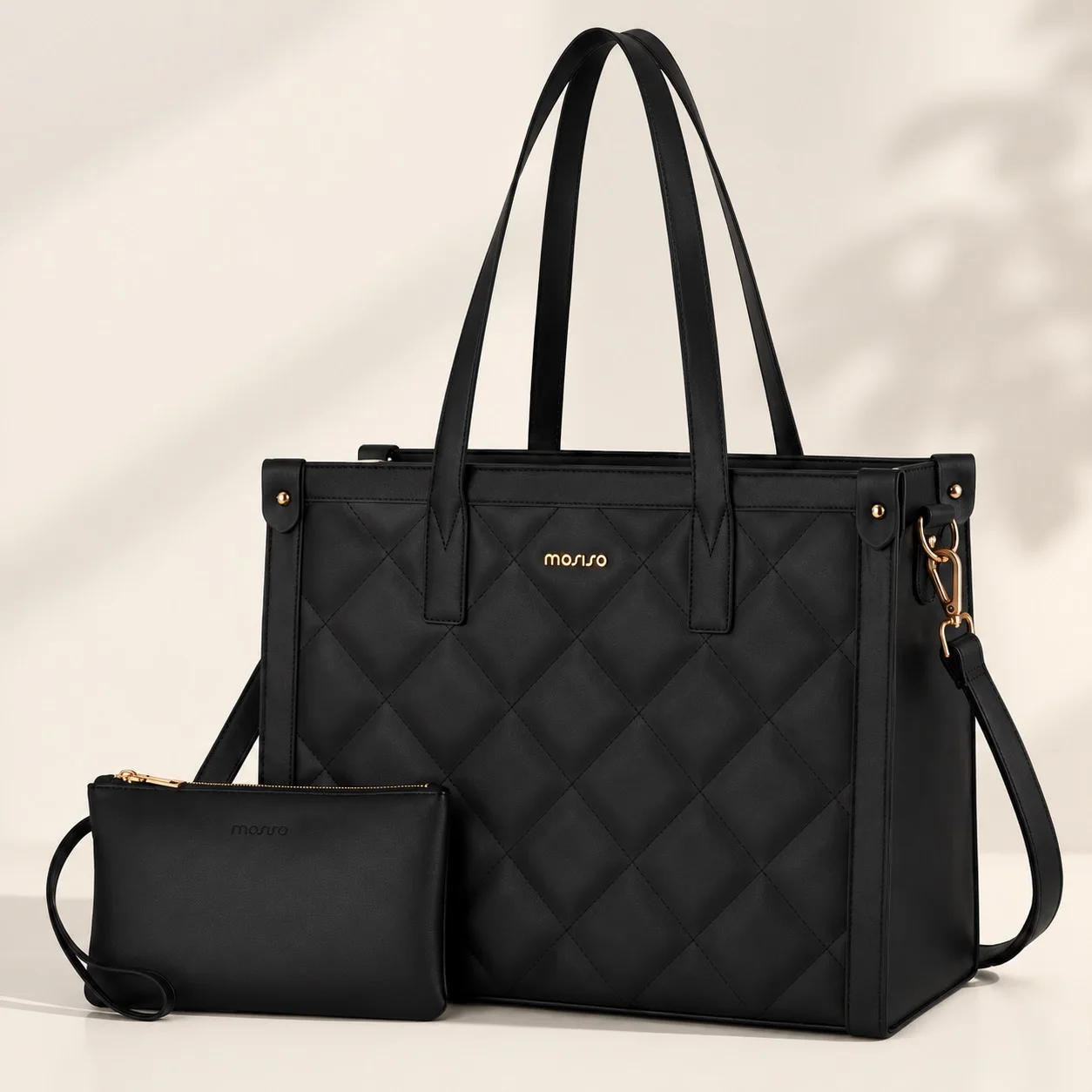 MOSISO Laptop Tote Bag for Women 15.6 inch PU Leather Large Capacity Teacher Computer Briefcase for Business Office Black Pink