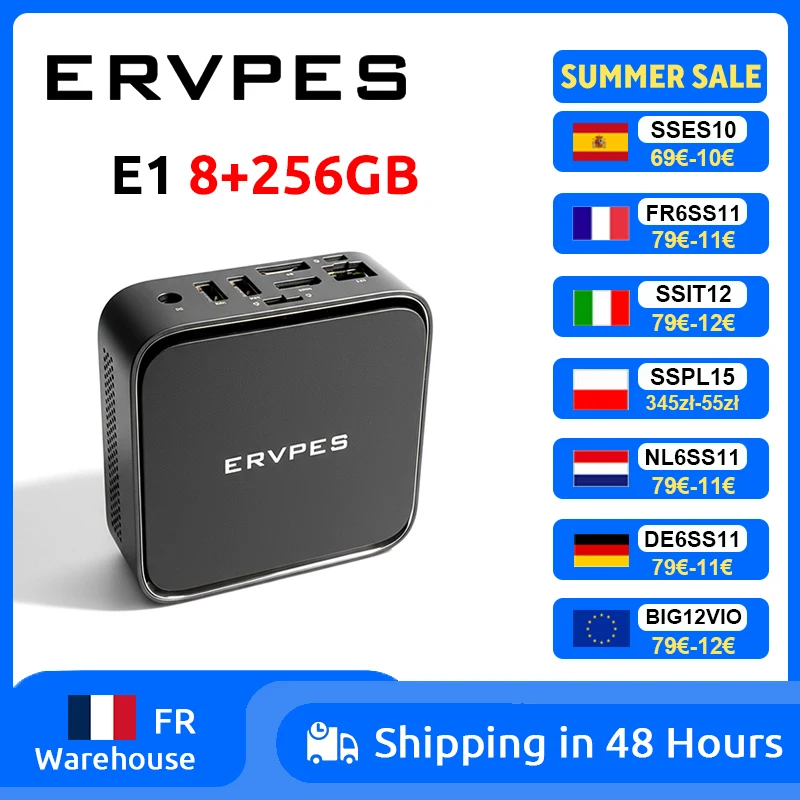 Mini PC ERVPES E1, AMD Ryzen 3 3250C, 8 Go DDR4, 256 Go SSD, Windows 11 Pro, Wifi double bande, BT5.2, ordinateur de bureau mini