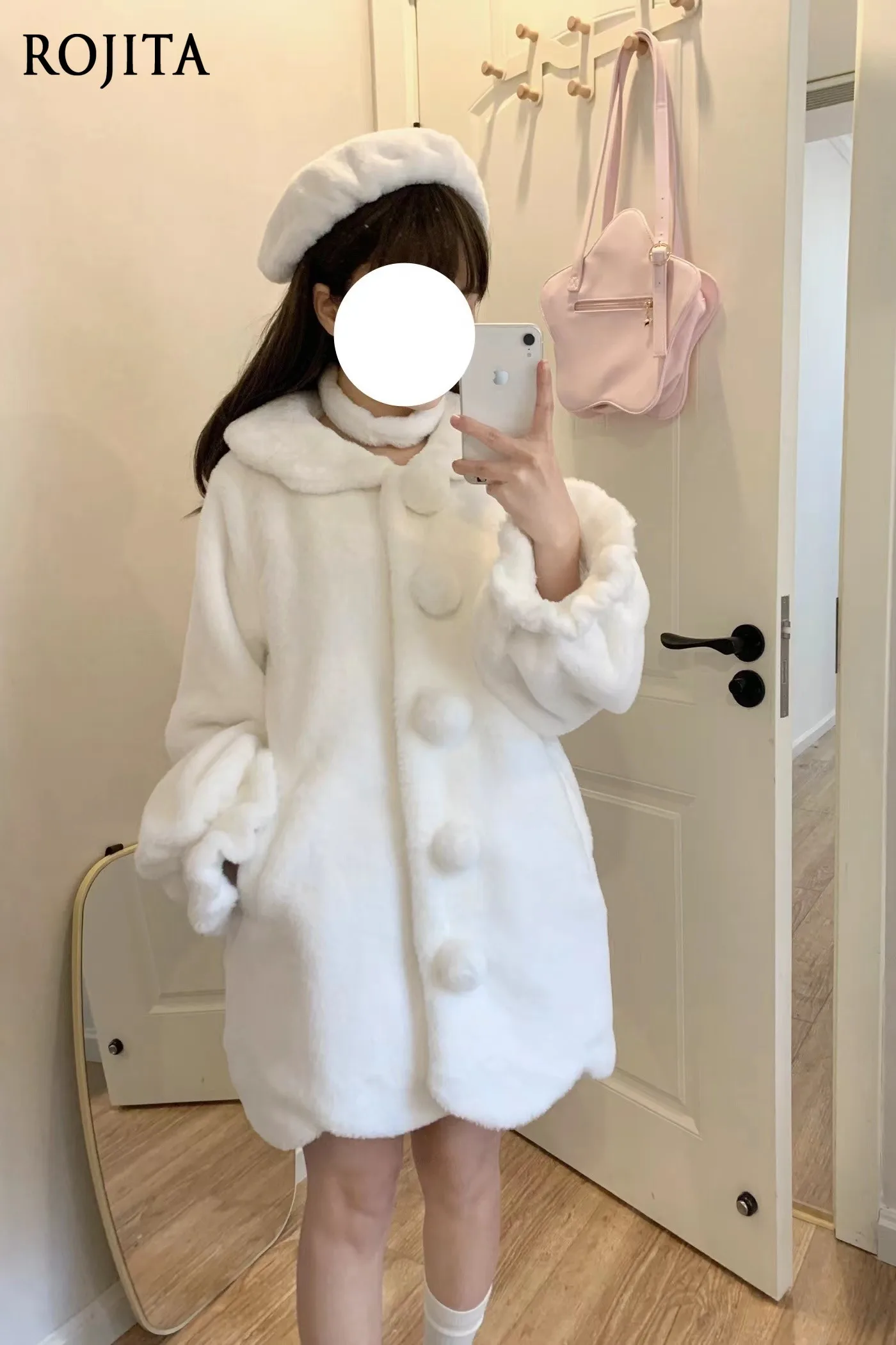 

Mid-Length Coat with Neck Accessory and Hat Three-Piece Set Lolita Solid Color Versatile Faux Fur Coat Winter Coat for Women
