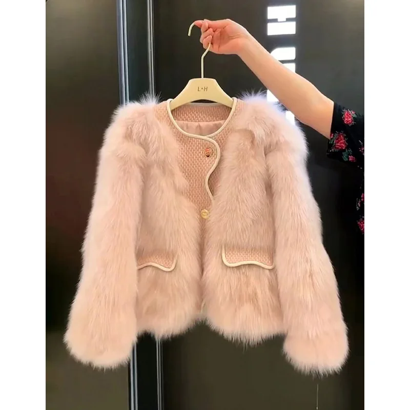 Nepbontjassen Dames Bontjassen Effen Zak Lange Mouwen Ronde Hals Enkele Breasted Dik Warm Bont Casual 2025, Herfst Winter