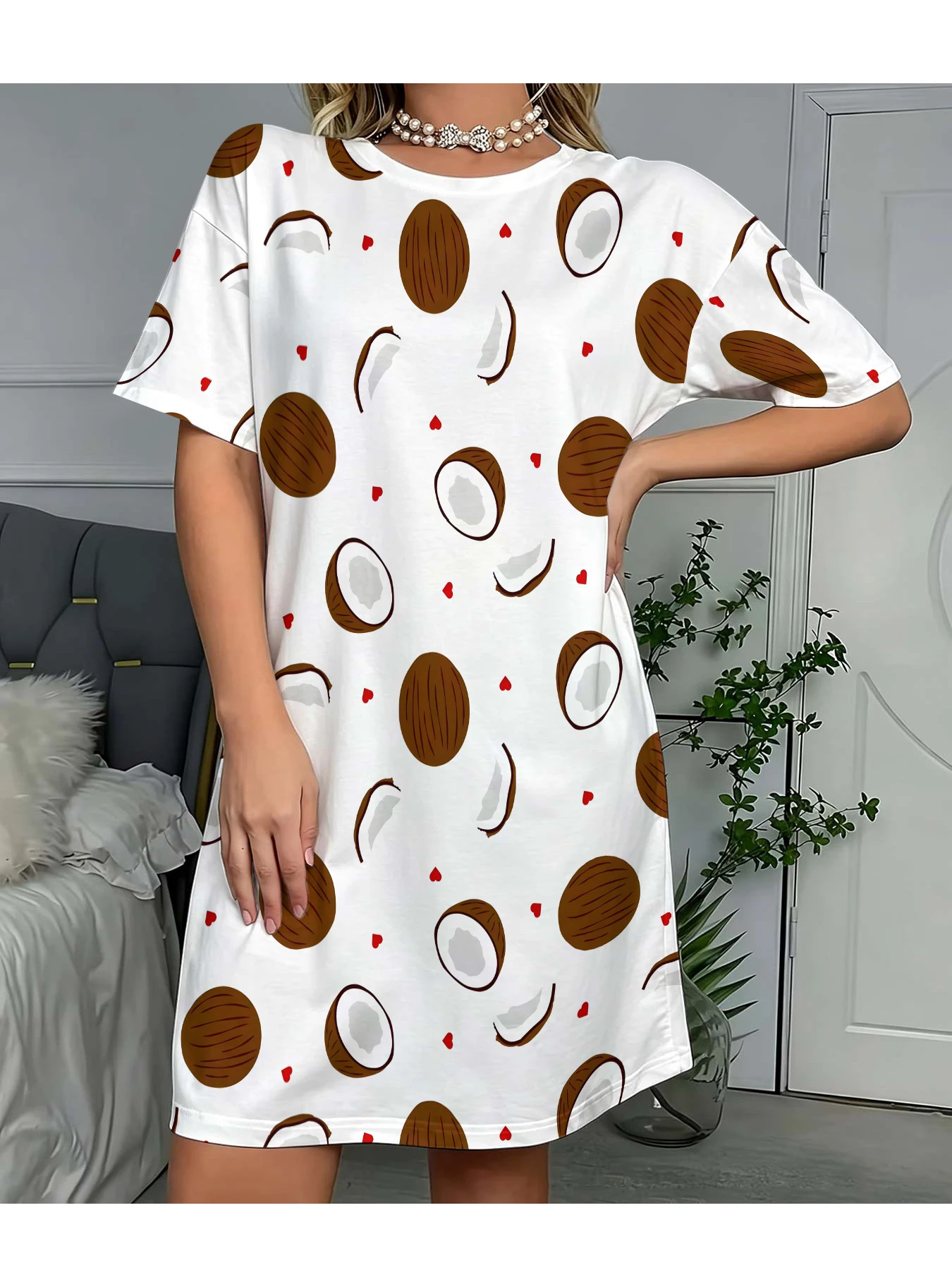Women's Round Neck Short-Sleeved Dress with White Background, Cartoon Coconut and Small Red Hearts, Tropical Fruit All-Over Print, A-Line Casual Dress