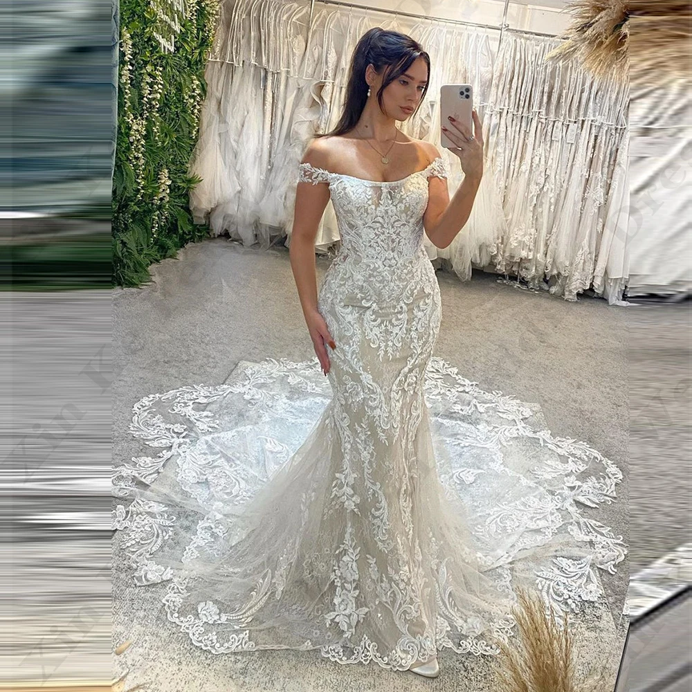 Sexy Mermaid Backless Wedding Dresses Fascinating Exquisite Lace Appliques A-Line Off Shoulder Slimming Mopping Bridal Gowns