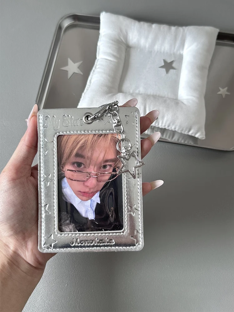 

INS корейский модный серебряный звездный бант держатель для карт милая девушка идол 3-дюймовый держатель для карт для хранения фотографий студенческий рюкзак кулон брелок