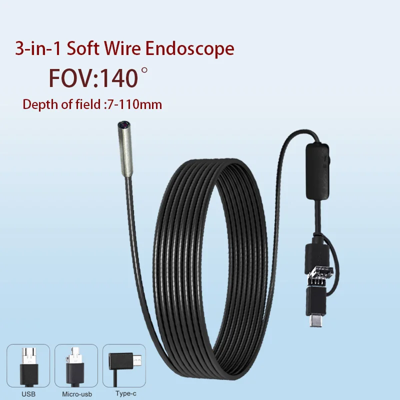 كاميرا المنظار الصناعي 1MP 3.3mm لفحص المحرك USB Type-C Android 3 في 1 مسبار المنظار السلكي الناعم