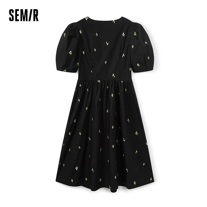 Semir Dress Women Bubble Sleeve V-Neck Waist Wrapped 2023 Summer New Heavy Industry Embroidered Dress For Woman