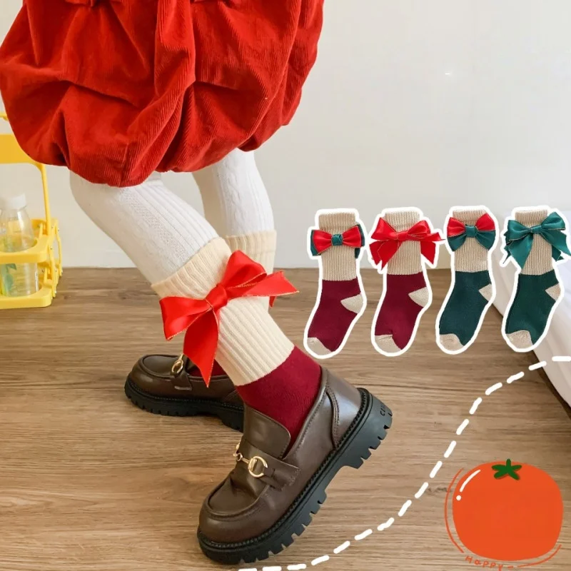 2 Pairs Christmas Kids Socks Big Bow Color Block Toddler Girls Knit Warm Socks for Autumn Princess Holiday Outfit