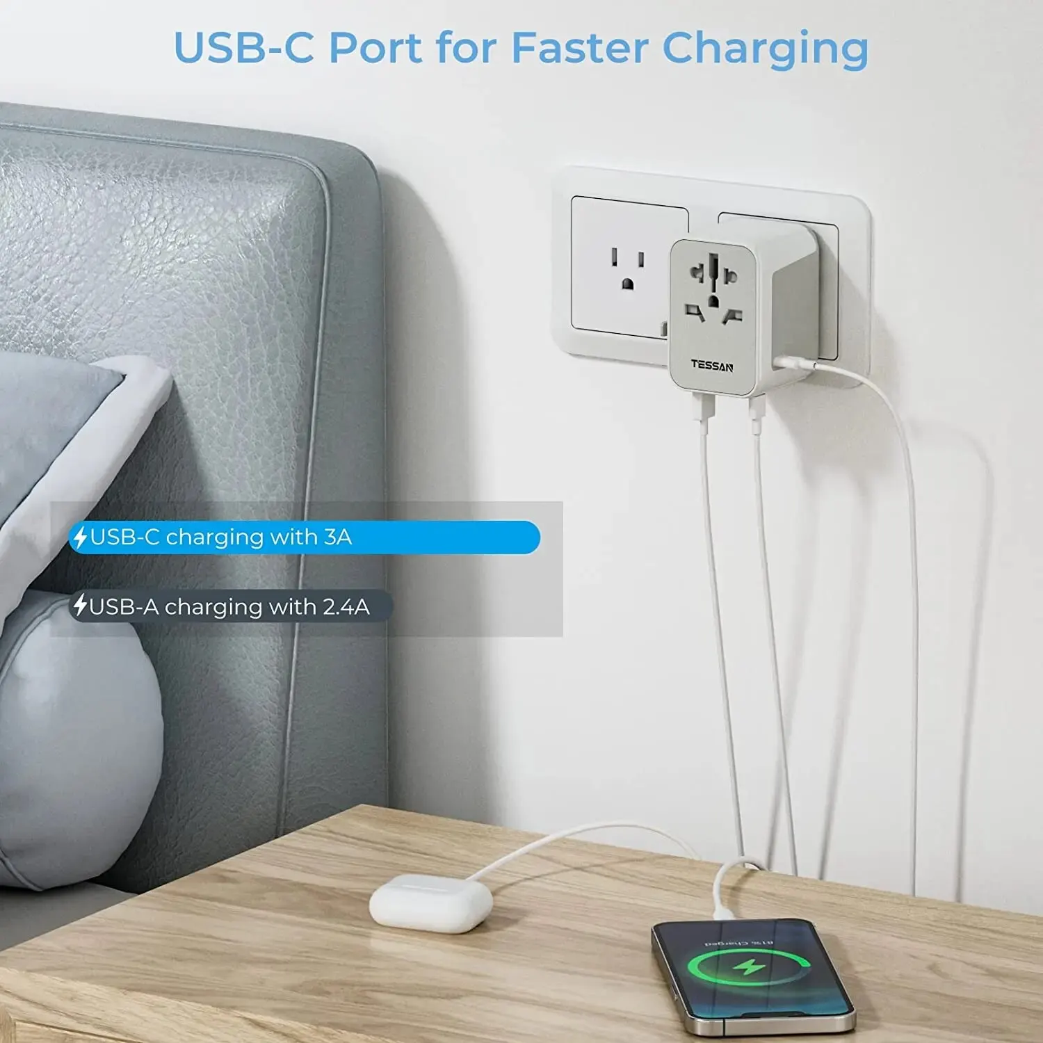 TESSAN Universal Adapter with 2 USB Ports & 3 Type C International Plug All-in-one Wall Charger for US EU UK AUS Travel