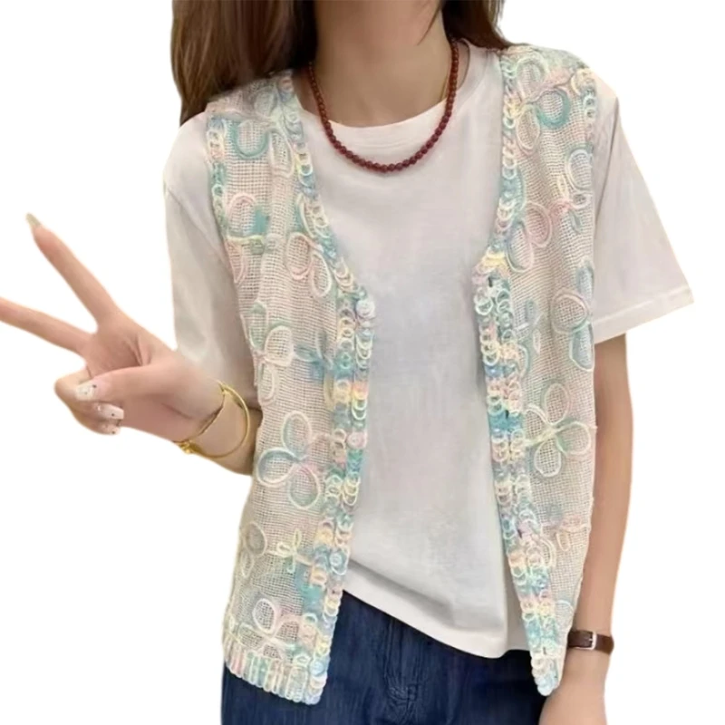 

V Neck Button Down Cropped Cardigan Vest Crochet Knit Embroidery Flower Sleeveless Top Sweater Waistcoat for Women