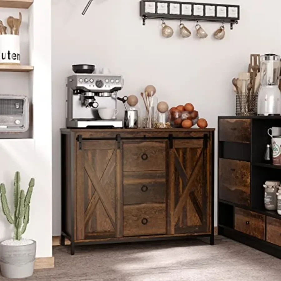 Industrial Farmhouse Buffet Cabinet for kitchen or living room use, rustic brown wood finish, sliding barn doors, three drawers