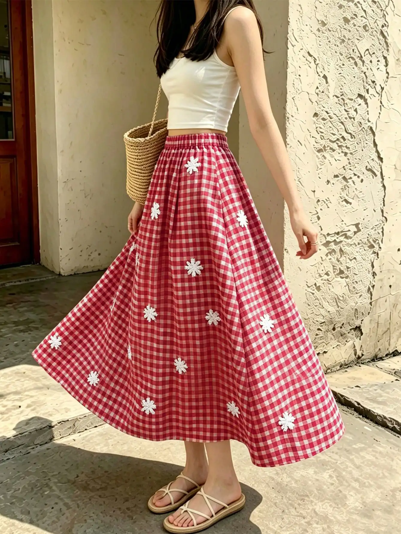Red Checkered Embroidered Flower Snowflake High-waisted Half-length Skirt With Elastic Waist And Loose A-line Shape For Women