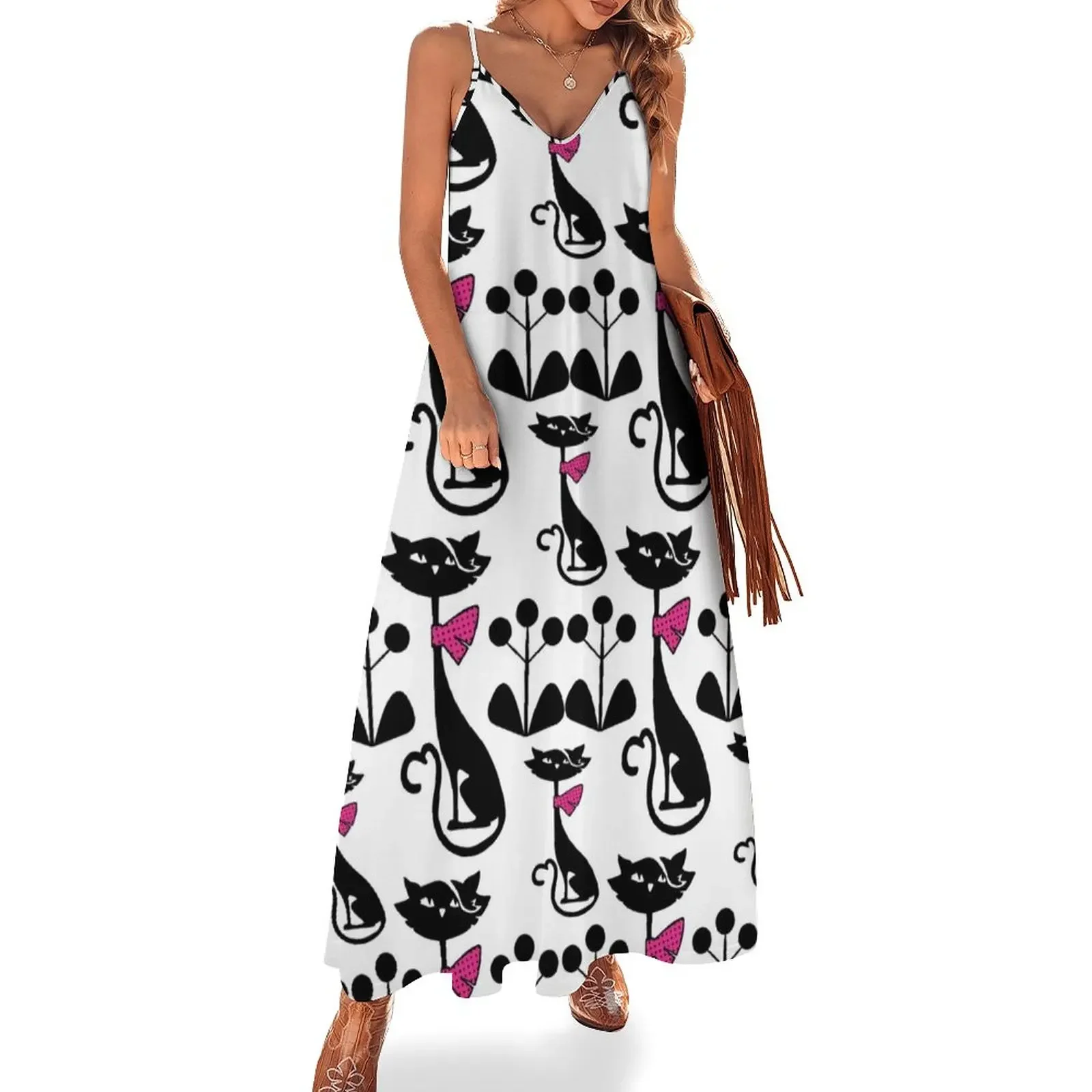 

Mid Century Modern Black And White Atomic Cats Pattern Sleeveless Dress dress prom dresses 2025 chic and elegant evening dress