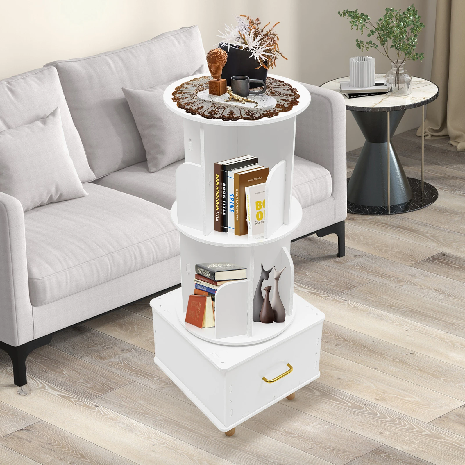 Rotating Book Shelf 360° Bookcase 50kg Load Capacity 3-tier Storage Rack placed in Living Rooms/Bedrooms/Children's Rooms/Bookstores/Cafes/Bookstores