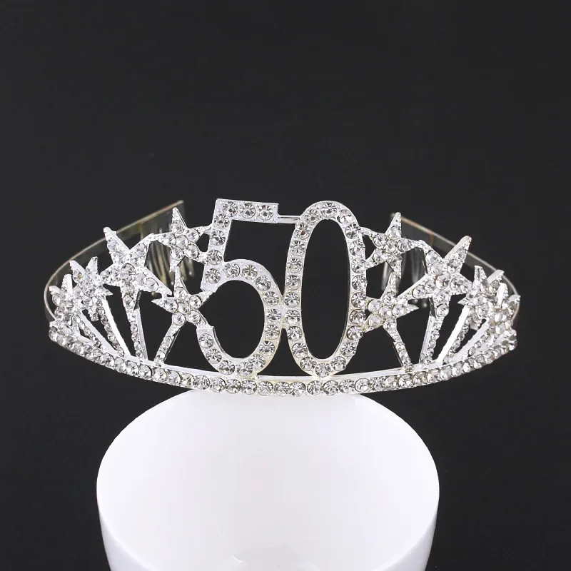 Silver Birthday Tiara Crown Headband for Women Girl Happy 13th 16th 18th 20th 21st 30th 40th 50th 60th Birthday Party Decoration