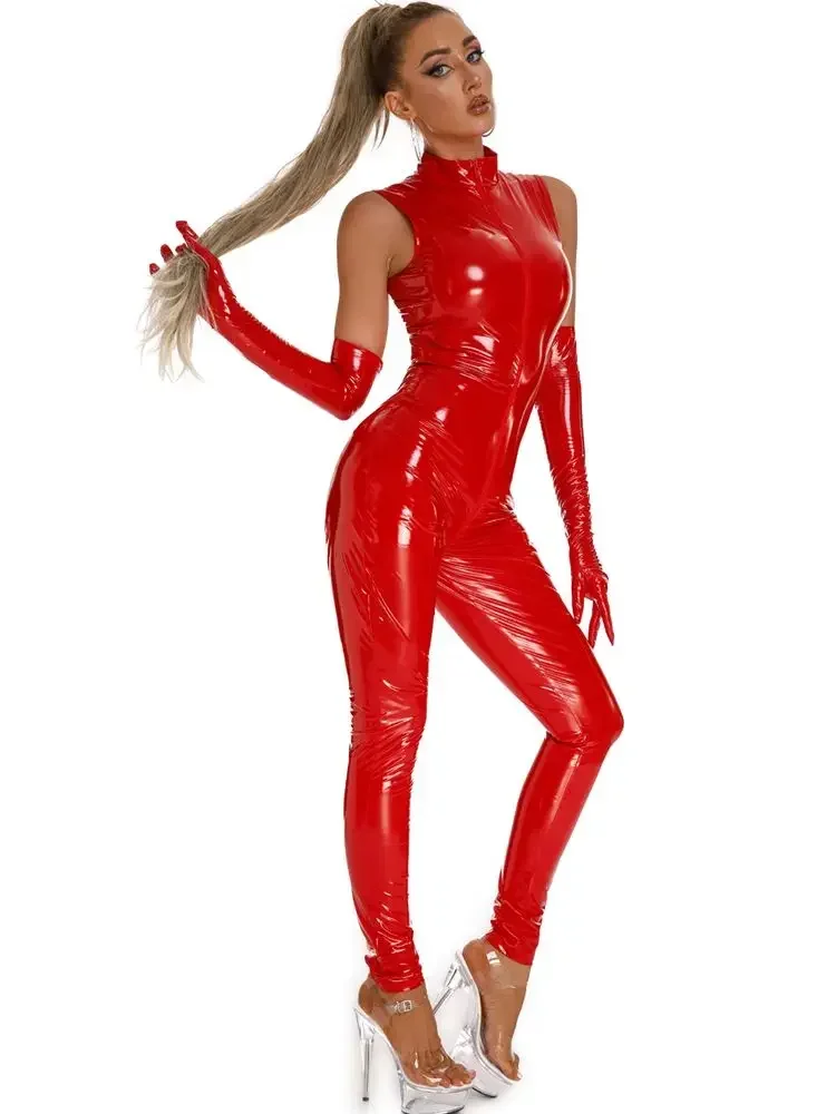 Sleeveless PVC Catsuit Two Way Zipper Open Crotch Bodysuit Shiny PU Leather Cosplay Jumpsuit Leotard Tight Sexy Clubwear Unitard