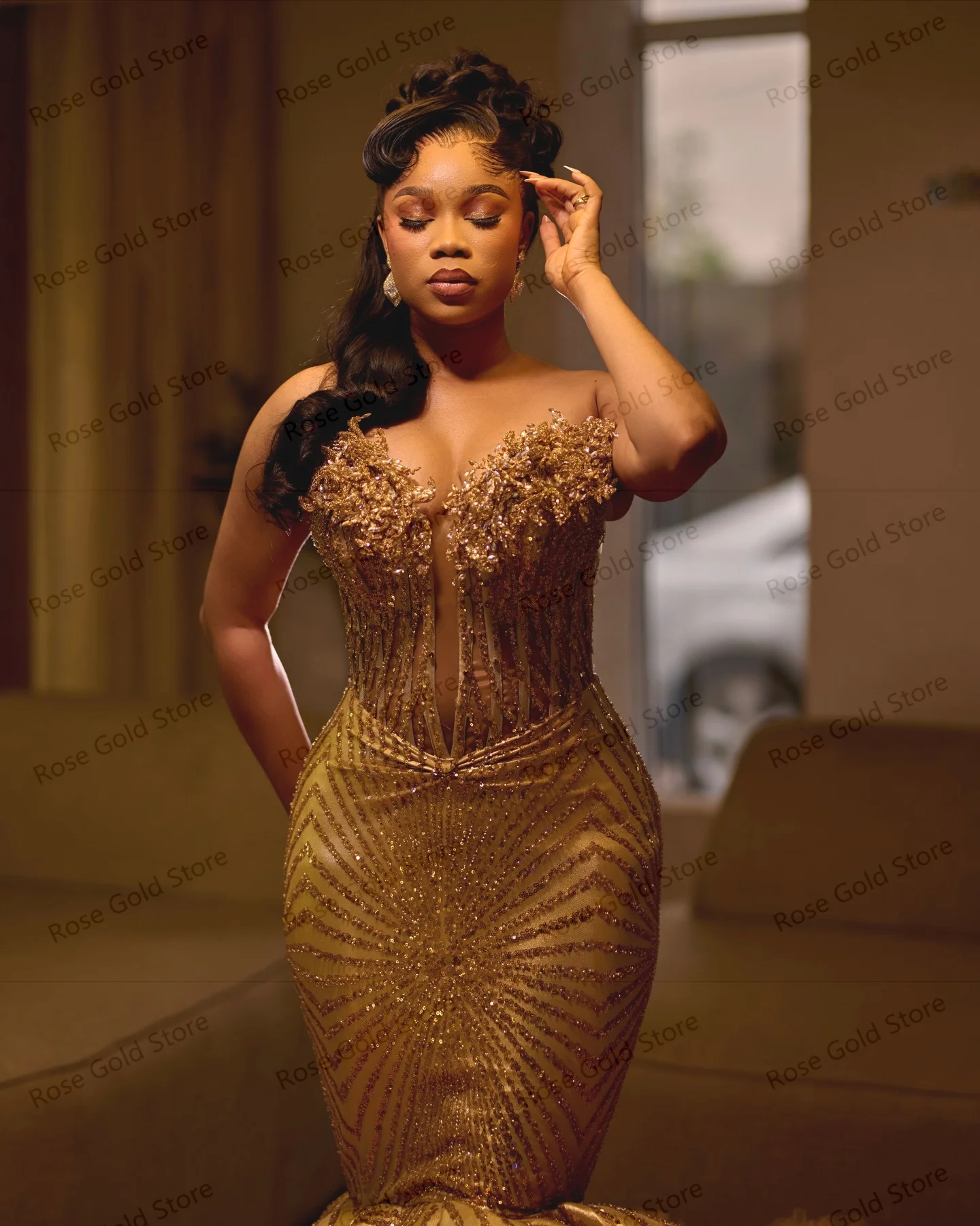 Gold Mermaid Evening Dresses Floor Length Ruffles Skirt Party Dress Plus Size Lace Sequined Corset Prom Gown Vestidos Customized