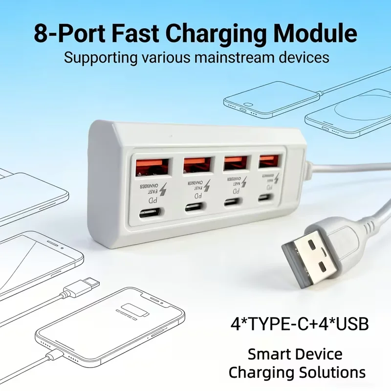 8-in-1 USB Hub Fast Charging Power Strip USB to 4 USB + 4 Type-C 25W Hub, Multi-port Fast Charging