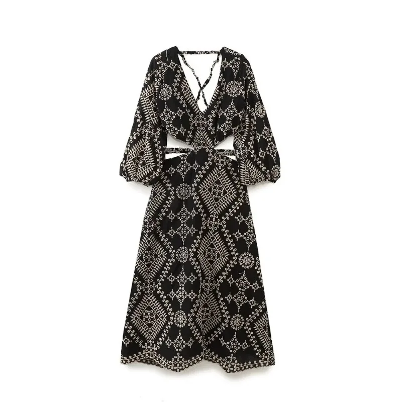 

TRAFZR Women's Boho-Sexy Maxi Dress 2025 Airy Cotton Fabric Embroidery Trim Lantern Sleeves Resort Party Essentials