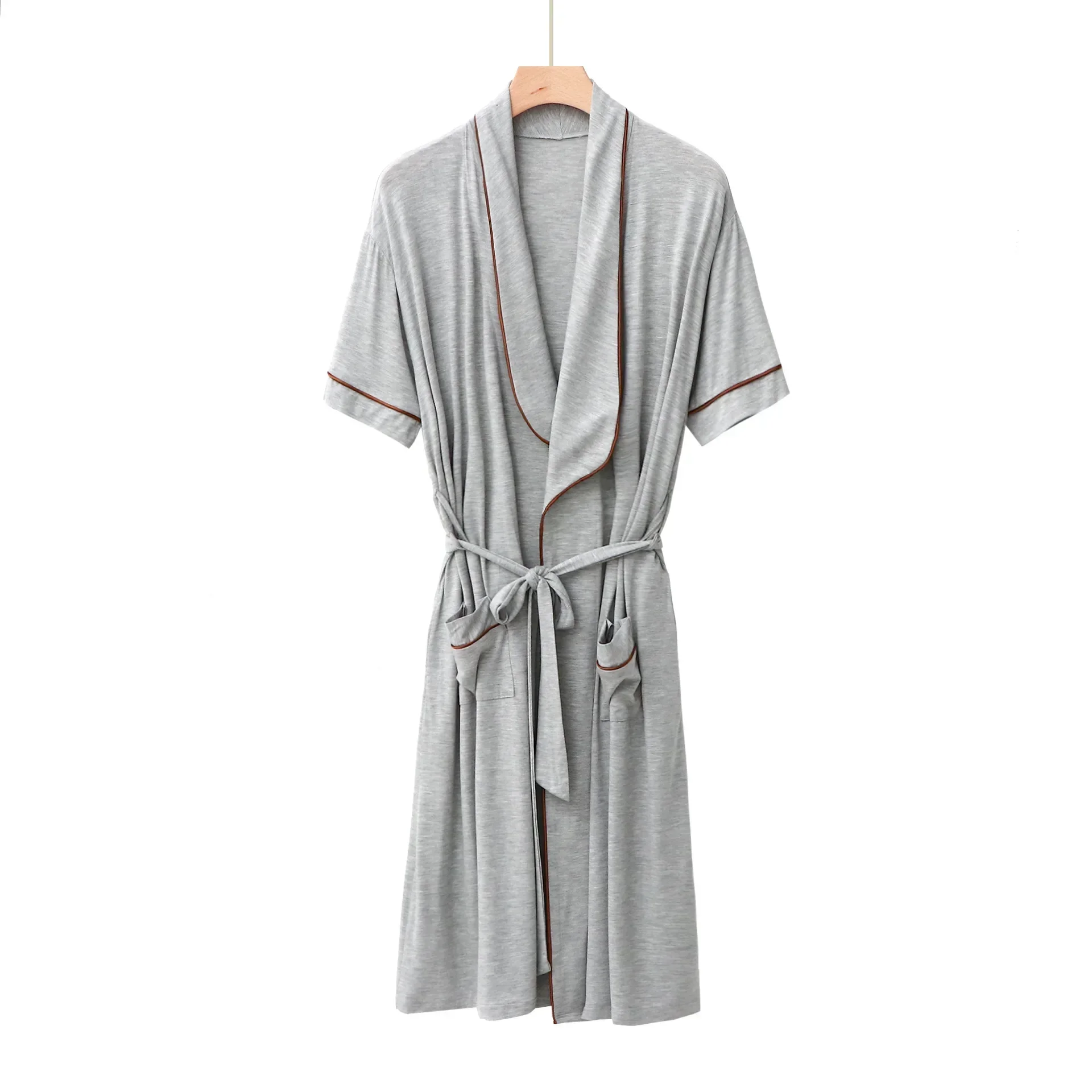 Men's Plus Size Home Clothes Short-sleeved Cardigan Mid-length Men Kimono Bathrobe with Waist Lace-up Pajamas Bathrobe Male