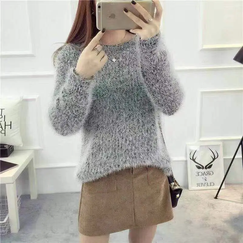 Pullovers 2019 Autumn Winter Women O-Neck Sweater Loose Knitted Ladies Sweater Female size Casual Solid Color Plush Sweater