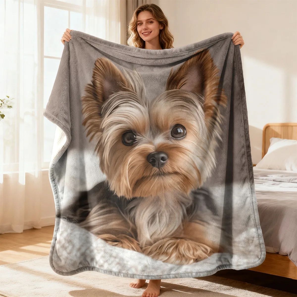 Ultra-Soft Flannel Throw Blanket Cute Yorkshire Terrier Puppy Print Warm Cozy Fleece Blanket for Sofa Couch All-Season Snuggle P