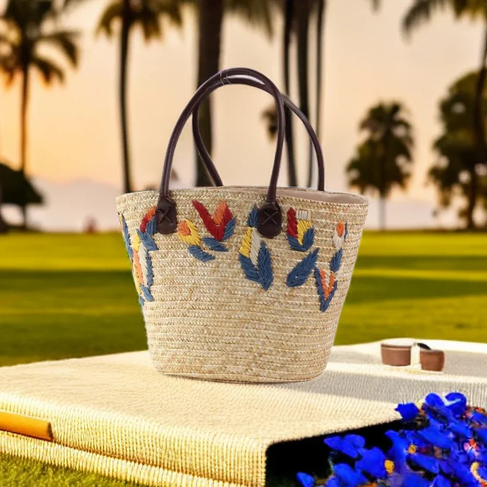 

Boho Straw Tote Bags Women Fashion Embroidered Woven Handbag Female Summer Beach Shoulder Bag Casual Large Capacity Shopping Bag