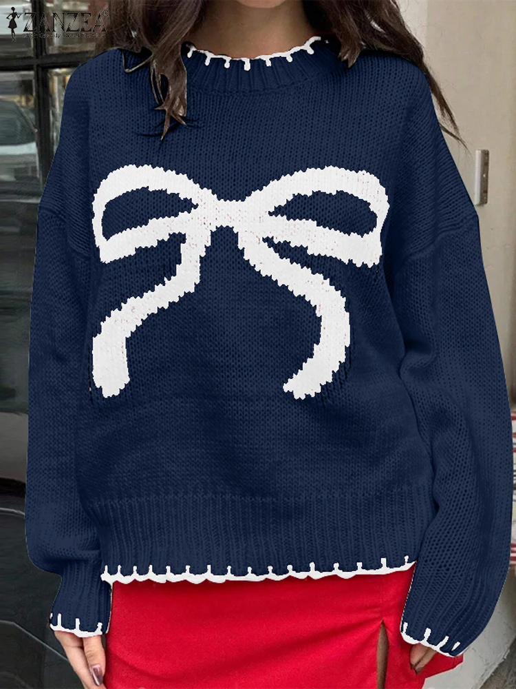 ZANZEA سترات نسائية بأكمام طويلة لخريف 2025 بياقة واقفة بلوفرات محبوكة مطبوعة بفيونكة غير رسمية سترات شتوية كبيرة الحجم