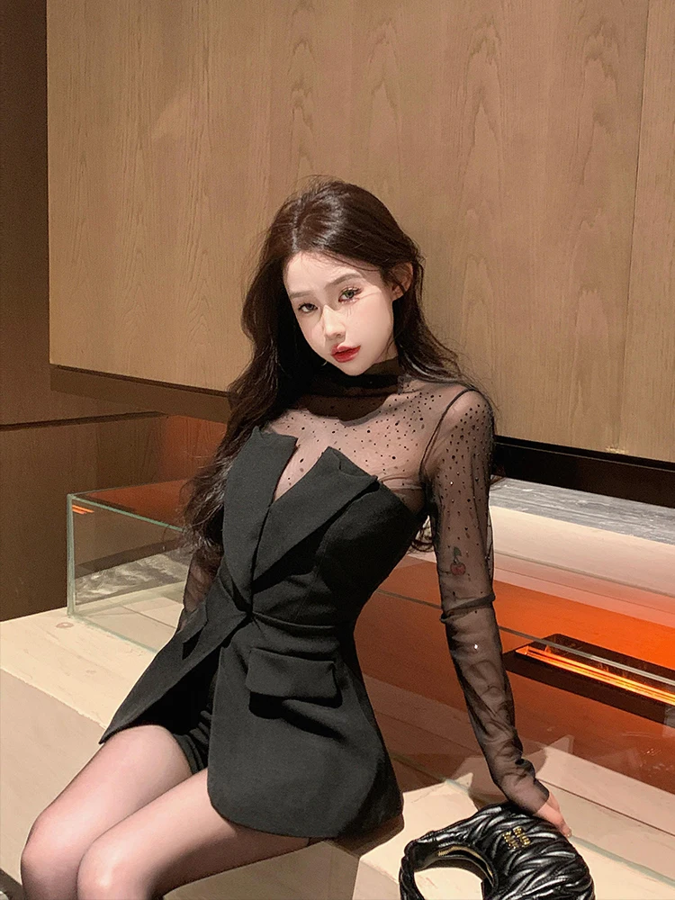 

Комплект футболки Pure Desire Long Sve с блестками, сетчатый костюм, комплект из двух предметов, топ Ele Lady для осенней моды для женщин