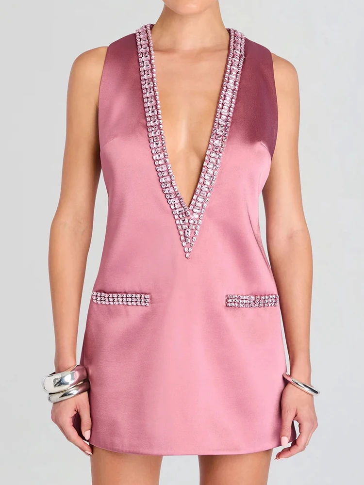 Summer Women Deep V Neck Sexy Mini Dress, Holiday Fashion Patchwork Chic Party Dress, Simple Sleeveless Sweet Loose Ladies Dress