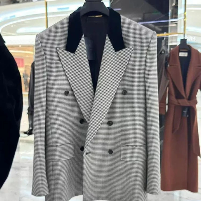 Design Contrast Color Notched Brazers Vintage Black Plaid Straight Suit Jackets British Style Elegant Office Lady Autumn Winter