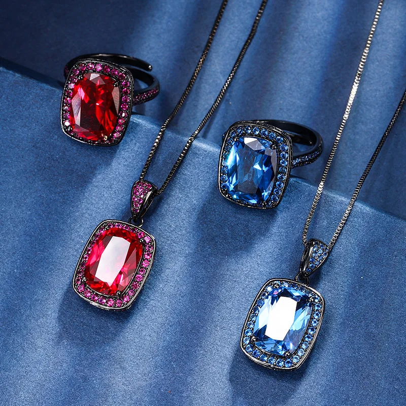

Jewelry set with gold-plated red corundum and blue spinel, elegant style, black gold, for women, 10*14