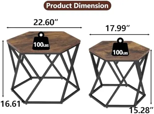 

Nesting Coffee Table Set of 2, Hexagonal Accent Side End Tables for Living Room, Nightstands for Bedroom, Rustic Center Tables w