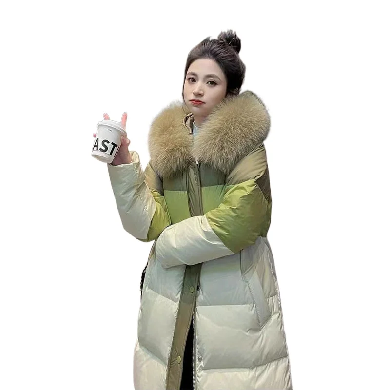 

Хлопковая одежда на пуху с большим меховым воротником, женская новая популярная популярная утолщенная зарубежная куртка среднего и длинного цвета до колена, зимнее женское пальто