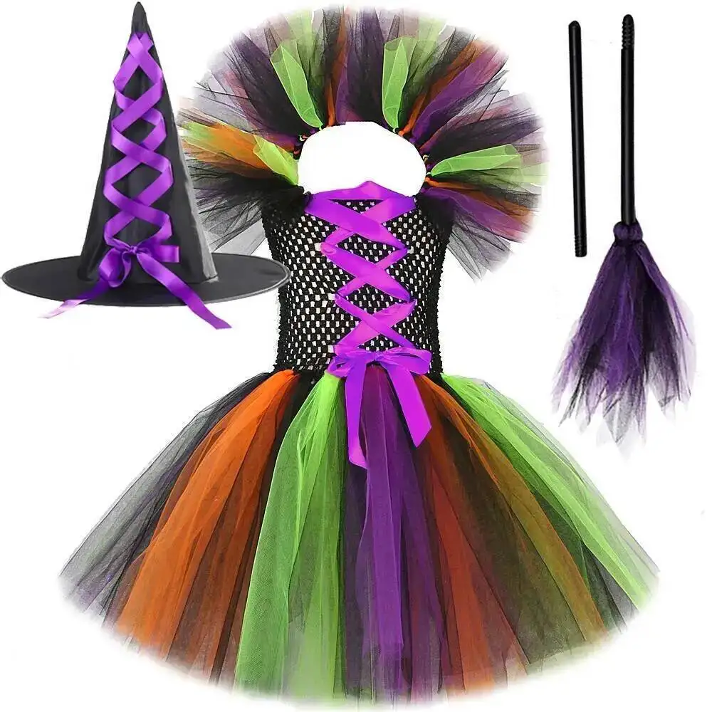 Kids Halloween Witch Costumes for Girls Carnival Party Disguise Tutu Dress with Hat Magic Broom Children New Years Fancy Outfit