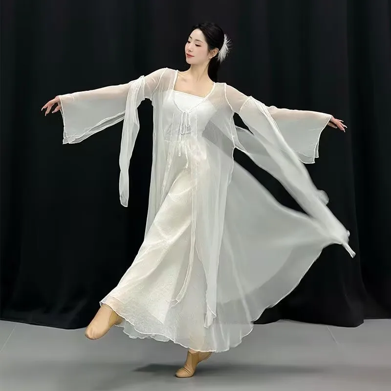 

Classical dancer performance costumes white chiffon cardigan practice dance clothes body rhyme Chinese style folk dance