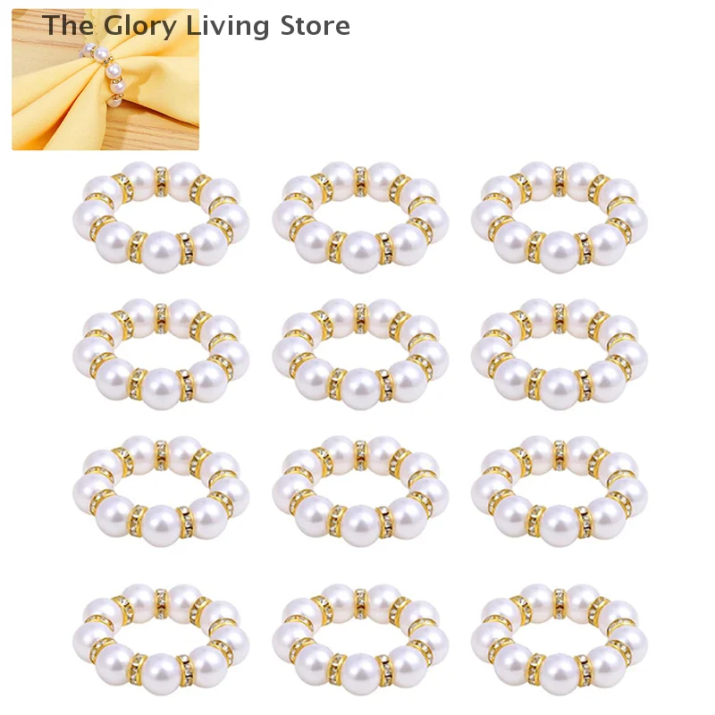 12 Pcs Pearl Napkin Rings Gold Napkin Ring Holder Beaded Rhinestone Serviette Rings Buckle With Elastic For Formal Wedding