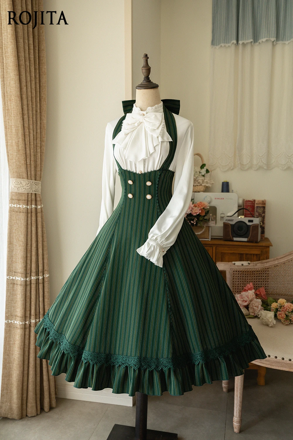 

Halter Neck Ruffled Elegant Large Hem Skirt Spring Autumn JSK Lolita Retro French Style CLA Long Sleeve White Shirt Inner