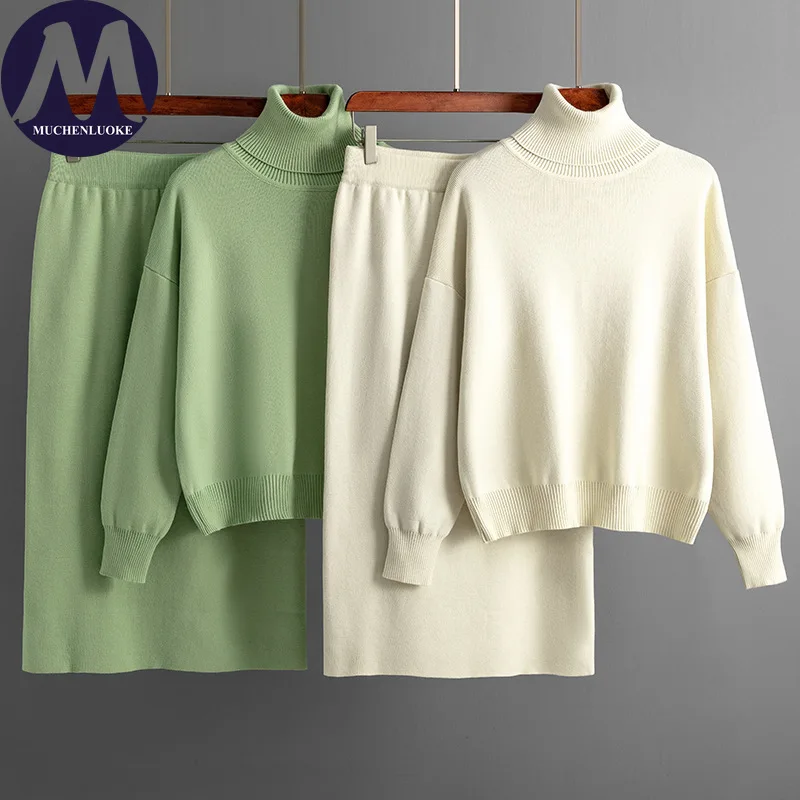 

2 Pieces Set for Woman Autumn Winter High Neck Knitted Thickened Warmth Sweater Suits Fashionable,casual Loose Bust Skirt Sets