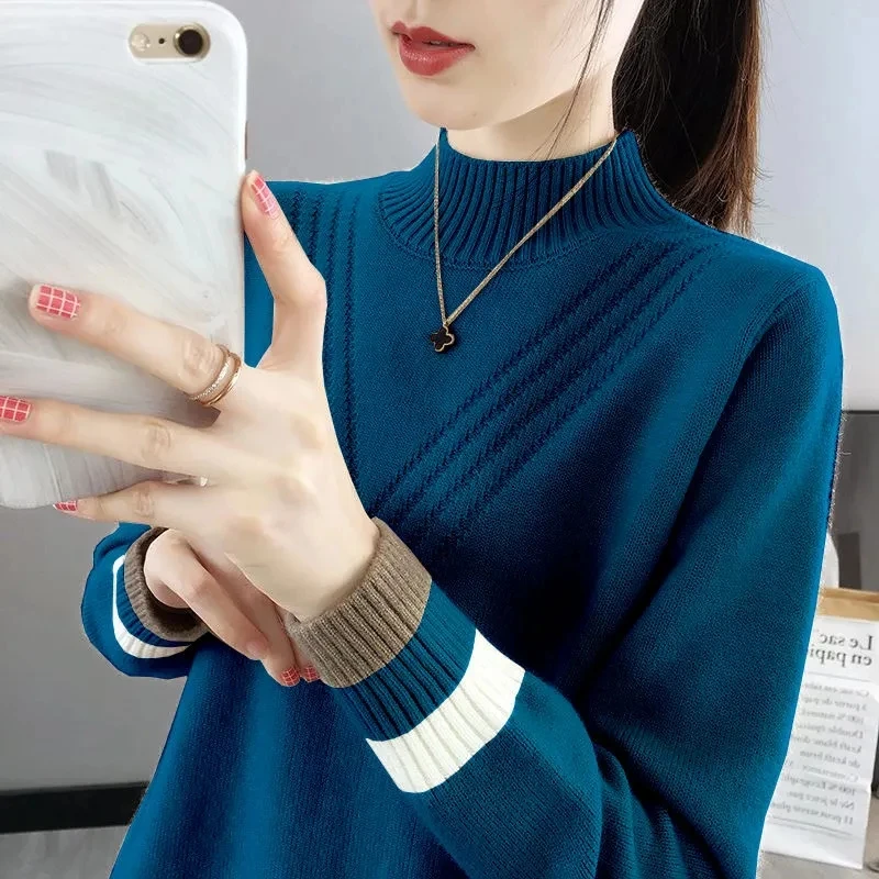 Autumn Winter New Korean Warm Half High Collar Knitted Sweater Women Oversized Casual Fashion Pullovers Loose Button Female Tops