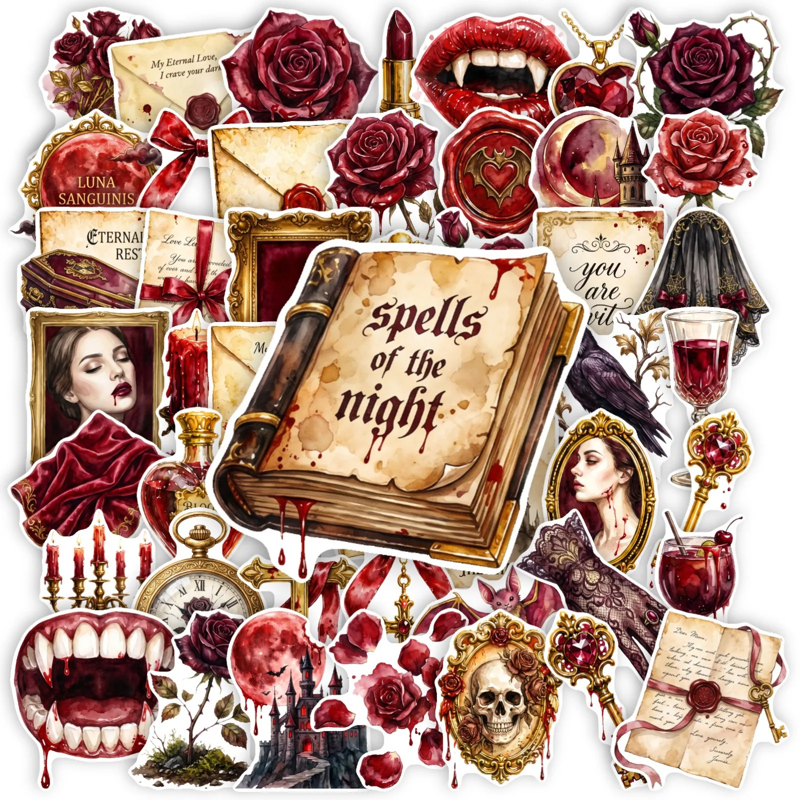 50 PCS Dark Style Vampire Stickers Red Rose Castle Gothic Graffiti Stickers Decorate Luggage Skateboard Helmet Waterproof Decals