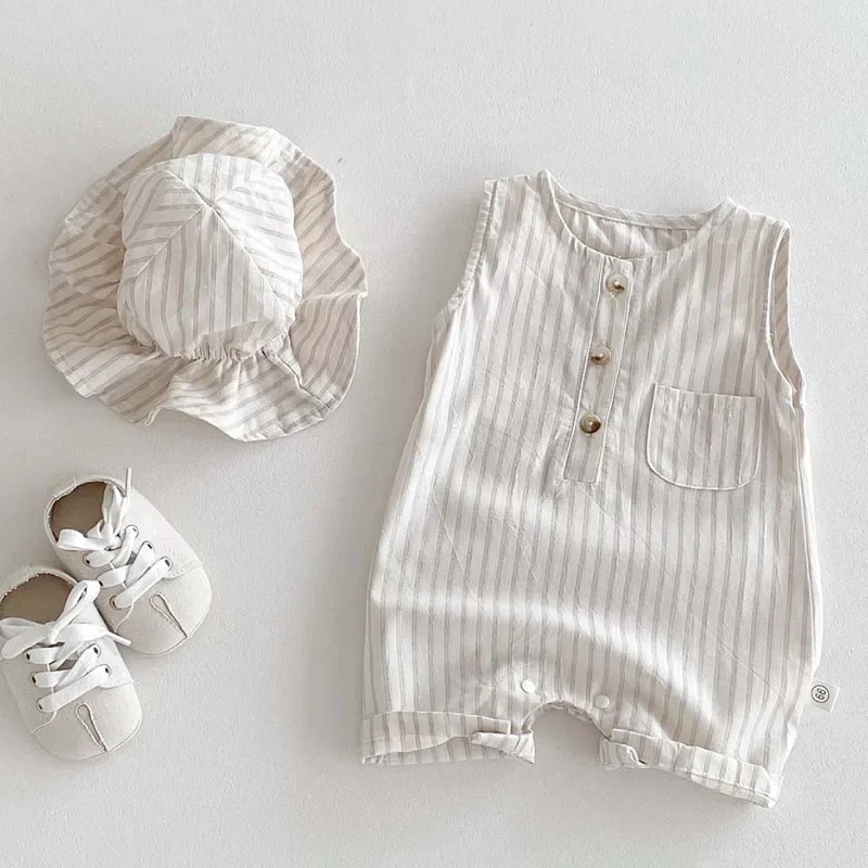 2025 New Summer Newborn Baby Boys Girls Romper+Hat Sleeveless Cotton Stripe Toddler Baby Girls Jumpsuit 0-24M Baby Clothing 4